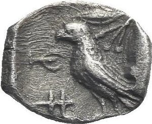 reverse: Cyprus. Stasandros, King. Paphos. Circa 450 BC. 1/24 Siglos or Obol (Silver, 10.23 mm, 0.55 g). Bull standing left; above, winged solar disc. Rev.  Cypriot syllabic script , eagle standing left with closed wings; to upper right, olive spray. Cfr. BMC p. lxix, pl. XXI, 8. Somewhat porous. Otherwise Good Very Fine. Very Rare.