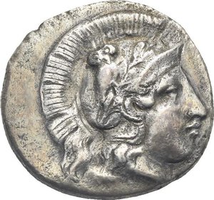 obverse: Campania. Hyria. Circa 405-400 BC. Didrachm or Nomos (Silver, 22.04 mm, 6.73 g) Head of Athena right, wearing crested Attic helmet decorated with owl standing facing right on olive branch. Rev. YPINA (in Oscan, retrograde), man-headed bull walking left. Rutter 90 (O35/R81). SNG ANS 257. HN Italy 539. HGC 1, 435. Toned. Obverse from worn die; porous surfaces, otherwise, Very Fine.
