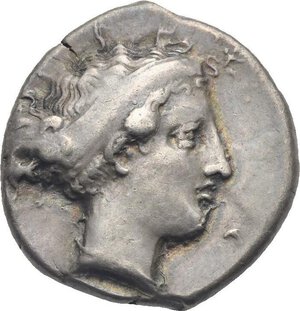 obverse: Campania. Neapolis. Circa 420-400. Didrachm (Silver, 20.95 mm, 7.58 g) Head of nymph Parthenope right wearing taenia and curly hair. Rev. [ΝΕΑΠΟ]ΛΙΤΗΣ in exergue, under double ground line. Men-headed bull (Acheloo) walking right, head facing slightly right, Nike flying above to right crowning him. Sambon 334. Rutter, Campanian. 112 (this coin illustrated on the cover). HN Italy 552. Toned. Good Very Fine. Rare.

From the A. Moretti collection. Ex Numismatica Ars Classica P, 12 May 2005, lot 1007.
