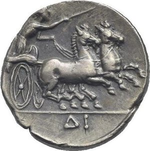 reverse: Campania. Neapolis. Circa 300-275 BC. Triobol (Silver, 12.66 mm, 1.67 g) NEOPOΛΙΤΩΝ Laureate head of Apollo right with long curly hair. Rev. Nike, holding kentron and reins, driving biga prancing right; in exergue, Δ Ι. Sambon 556. HN Italy 580. HGC 1, 457. Cabinet tone. Very Fine. Rare.

From the Collection Prof. Dr. Hagen Tronnier, Künker 94, 27 September 2004, lot 57.