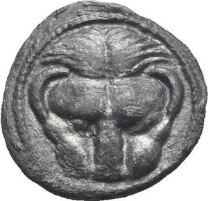 obverse: Bruttium. Rhegion. Circa 445-435 BC. Litra (Silver, 12.01 mm, 0.76 g). Lion mask facing. Rev. RECI within olive wreath. Herzfelder pl. IV, B. HN Italy 2485. SNG Copenhagen 1932. HGC I, 1651. About Extremely Fine/Very Fine.