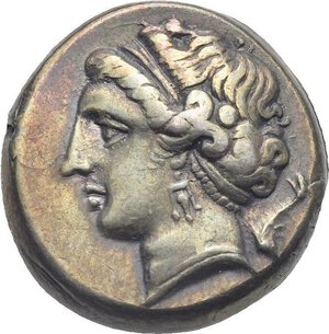 obverse: Campania. Neapolis. Circa 275-250 BC. Didrachm (Silver, 19.58 mm, 7.41 g). Head of nymph Parthenope left, wearing diadem, triple-pendant earring and necklace, dolphin swimming downwards to right behind her neck. Rev. NEOΠΟΛΙΤ[ΩΝ] in exergue. Man-headed bull (Acheloo) walking right, Nike flying above to right, crowning him with wreath, below bull, ΙΣ. Sambon 523. SNG Lockett 93 (these dies). HN Italy 586. HGC 1, 454. Attractive iridescent cabinet tone. About Extremely Fine.

Ex Numismatica Ars Classica 54, 24 March 2010, lot 674; Helios 2, 25 November 2008, lot 21 and Lanz 138, 26 November 2007, lot 55.
