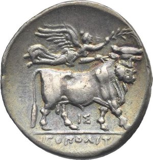 reverse: Campania. Neapolis. Circa 275-250 BC. Didrachm (Silver, 19.58 mm, 7.41 g). Head of nymph Parthenope left, wearing diadem, triple-pendant earring and necklace, dolphin swimming downwards to right behind her neck. Rev. NEOΠΟΛΙΤ[ΩΝ] in exergue. Man-headed bull (Acheloo) walking right, Nike flying above to right, crowning him with wreath, below bull, ΙΣ. Sambon 523. SNG Lockett 93 (these dies). HN Italy 586. HGC 1, 454. Attractive iridescent cabinet tone. About Extremely Fine.

Ex Numismatica Ars Classica 54, 24 March 2010, lot 674; Helios 2, 25 November 2008, lot 21 and Lanz 138, 26 November 2007, lot 55.
