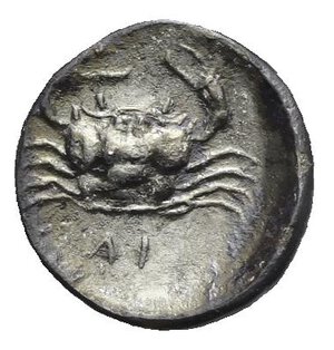 reverse: Sicily. Akragas. Circa 450-439 BC. Litra (Silver, 10.00 mm, 0.63 g). AK-PA (partially retrograde) Sea eagle standing left on Ionic capital. Rev. Crab; below, ΛI (mark of value). Westermark cfr. 470 (O14/R?). SNG ANS 989-995. HGC 2, 121. Exceptional detail and in exceptional condition for the issue, a wonderful example. Good Extremely Fine.