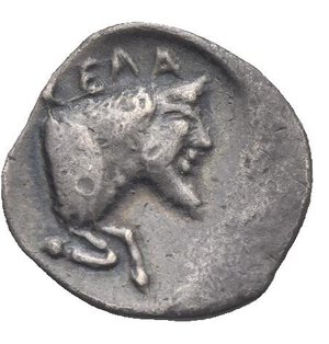 reverse: Sicily. Gela. Circa 465-450 BC. Obol (Silver, 11.61 mm, 0.76 g) Horse walking right, reins hanging down from his mouth; above, wreath. Rev. CEΛΑ, forepart of the river-god Gelas right, in the form of a man-headed bull. . Jenkins 259-290. HGC 2, 373. Nicely Toned. About Very Fine. 

