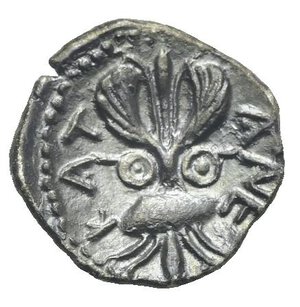 reverse: Sicily. Katane. Circa 461-450 BC. Litra (Silver, 11.50 mm, 0.94 g). Head of Silenos to left, with a long beard extending through the dotted border. Rev. ΚΑΤ - ΑΝΕ Winged thunderbolt, two shields flanking. Boehringer, Kataneische Series I, Li.4. Mirone 21. HGC 2, 588. Toned. Extremely Fine. Rare.