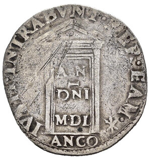 reverse: ANCONA. Stato Pontificio. Giulio III (1550-1555). Giulio 1555, anno IV BI. AR (g 2,98). Stemma sormontato da chiavi decussate e tiara. R/ La Porta Santa chiusa, sormontata da timpano, iscritta con AN DNI MDL. MIR 991/2; Muntoni 48. qBB