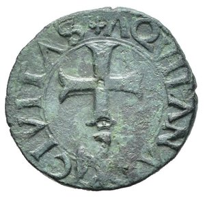 reverse: L AQUILA. Carlo VIII di Francia (1495). Cavallo AE (1,93 g). Scudo coronato di Francia. R/croce patente ancorata. Patina verde. BB+