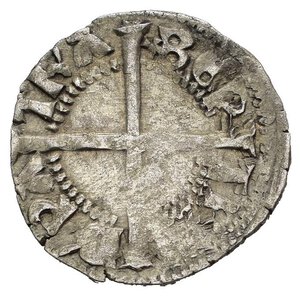 obverse: AQUILEIA. Bertrando di San Genesio (1334-1350). Denaro. MI (g 1,02). Croce intersecante la leggenda. R/ S. Ermacora seduto di fronte, regge croce e benedice. MIR 38. BB