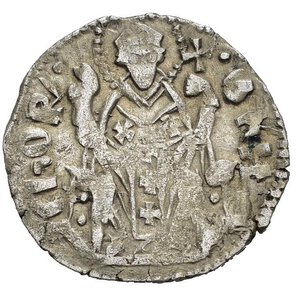 reverse: AQUILEIA. Bertrando di San Genesio (1334-1350). Denaro. MI (g 1,02). Croce intersecante la leggenda. R/ S. Ermacora seduto di fronte, regge croce e benedice. MIR 38. BB