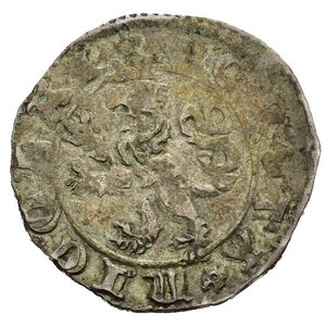 obverse: AQUILEIA. Nicolò di Boemia (1350-1358) Denaro. MI (g. 1,00) MONETA NICOLAI, Leone di Boemia-Lussemburgo coronato, rampante a sinistra. R/ PAThE AQVILEGE , Croce ornata e fogliata in doppio quadrilobo. Bern. 52, MIR 45. BB