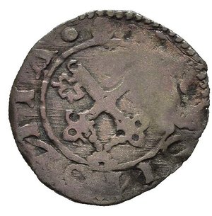 obverse: BOLOGNA. Anonime del Bentivoglio (1446-1506). Quattrino. MI (g 0,47). Chiavi incrociate. R/ S. Petronio seduto di fronte, regge pastorale. MIR 26. qBB