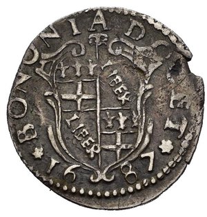 obverse: BOLOGNA. Stato Pontificio. Innocenzo XI (1676-1689). Muraiola da 2 Bolognini 1687. MI (g 1,62). Stemma in cornice a volute. R/ Mezza figura della Beata Vergine col Bambino. MIR 2048/5; Muntoni 233d. qBB