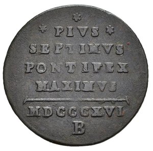 reverse: STATO PONTIFICIO. Bologna. Pio VII (1800-1823). Quattrino 1816, anno XVI. AE (g 2,25). Leggena in quattro righe; data e segno di zecca all esergo. R/ Stemma con chiavi decussate, sormontato da tiara. Muntoni 44; MIR 3064/1. qBB