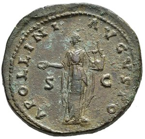 reverse: ANTONINO PIO (138-161). Roma. Sesterzio. AE (29,42 g). D/ ANTONINVS AVG PIVS P P TR P COS III , testa laureata a destra; R/ APOLLINI AVGVSTO S-C, Apollo stante, regge lira e patera. RIC III 598. BB. nr.reg.601/24