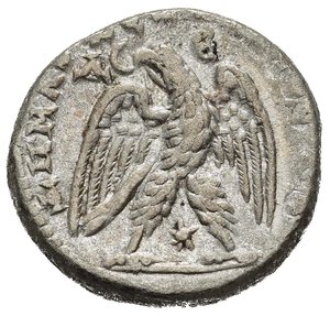 reverse: ELAGABALO (218-222). Seleucis e Pieria, Antiochia. Tetradramma. AR (g 12.54). Busto laureato, drappeggiato e corazzato a destra. R/ Aquila frontale con ali spiegate, testa a sinistra, corona nel becco; sotto, stella. McAlee 763; Prieur 252. BB+. Nr.Reg. 612/24