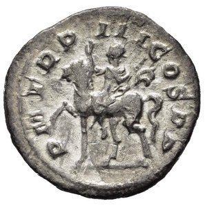 reverse: GORDIANO III (238-244) Denario. D/ Busto laur. a ds. R/ Gordiano a cavallo verso sn. AR (g. 1,44 mm. 19) C. 234; RIC 81.     AR qSPL