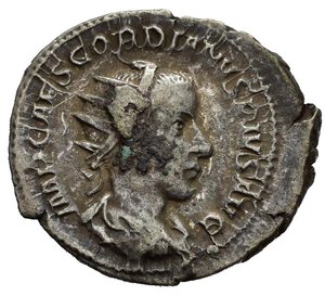 obverse: GORDIANO III (238-244). Roma. Antoniniano. AR (3,97 g). D/ IMP CAES M ANT GORDIANVS AVG,  busto radiato, drappeggiato e corazzato a destra, visto di spalle; R/ CONCORDIA AVG, Concordia seduta regge patera e cornucopia.RIC IV 35. BB. nr.reg.601/24