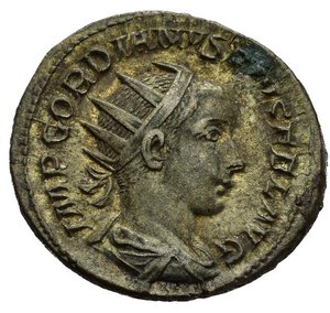 obverse: GORDIANO III (238-244). Roma. Antoniniano. AR (4,1 g). D/ IMP GORDIANVS PIVS FEL AVG,  busto radiato, drappeggiato e corazzato a destra, visto di spalle; R/ P M TR P IIII COS II P P,  Apollo, seduto, regge ramoscello e si appoggia ad una lira. RIC IV 88. qSPL. nr.reg.601/24