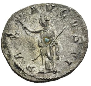 reverse: GORDIANO III (238-244). Roma. Antoniniano. AR (4,13 g). D/ IMP CAES M ANT GORDIANVS AVG,  busto radiato, drappeggiato e corazzato a destra, visto di spalle; R/ PAX AVGVSTI, Pax stante regge ramoscello e scettro. RIC IV 3. BB+. nr.reg.601/24