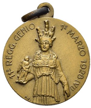 obverse: Medaglie Italiane – Regno d’Italia - Vittorio Emanuele III (1900-1945) - Ventennio Fascista - Genio.  Medaglia portativa, con appiccagnolo ed anello, emessa a ricordo del 11° Reggimento Genio nel 1928. Al dritto personificazione del Genio stante verso s. intorno legenda 11° REGG GENIO 1° MARZO 1928 (VI) in basso a s. S.J. emblema del Corpo del Genio con scritta 11 intorno legenda PERITUS ET AUDAX. Opus Stefano Johnson. Realizzata in bronzo (AE) (Ø 21.8mm, 6.8g.). Non censita nei testi da noi consultati. Conservazione BB/SPL. Il 1º marzo 1928 si forma l 11º Reggimento Genio su un battaglione zappatori-minatori, un battaglione telegrafisti, un battaglione teleferisti e tre colombaie. All inizio del secondo conflitto, il reggimento diviene centro di mobilitazione e tramite il deposito costituisce numerosi reparti delle varie specialità (fra i quali il III battaglione misto 