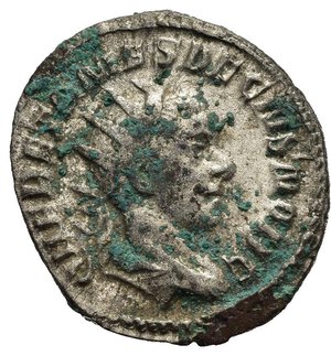 obverse: ERENNIO ETRUSCO, Cesare (249-251). Roma. Antoniniano. MI (3,59 g). D/ Q HER ETR MES DECIVS NOB C, busto radiato, drappeggiato e corazzato a destra visto di spalle; R/  PRINCIPI IVVENTVTIS, Erennio stante, regge bacchetta e scettro. RIC IV 147. sedimenti superficiali. BB+.  nr.reg.601/24