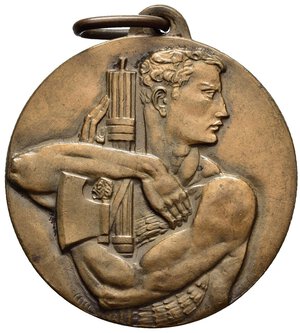 obverse: Medaglie Italiane – Regno d’Italia - Vittorio Emanuele III (1900-1945) - Ventennio Fascista – Premio. Medaglia portativa con appiccagnolo ed anello del tipo premiale. Al dritto figura maschile a d. che abbraccia un fascio littorio. Al rovescio spazio dedicatorio centrale, in alto scudetto e rami di piante, in basso rami. Realizzata in bronzo (AE) (Ø 36.9mm, 23.6g). Manca in Casolari. Conservazione BB.  