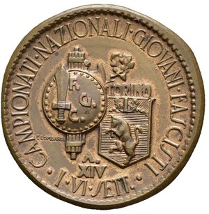 reverse: Medaglie Italiane – Regno d’Italia - Vittorio Emanuele III (1900-1945) - Ventennio Fascista – Benito Mussolini – FGC - Torino. Medaglia statica realizzata nel 1936 per i Campionati Nazionali Giovanili Fascisti. Al dritto. CREDERE • OBBEDIRE • COMBATTERE • testa elmata di Mussolini a sx sotto: AVDAGNA. Al rovescio CAMPIONATI • NAZIONALI • GIOVANI • FASCISTI = • I • VI • SETT. • affiancati: scudo con FGC su fascio e Stemma della Città di Torino su ramo di quercia sotto: A. = XIV nel campo a dx: C LOMBARDI. Riferimenti Casolari XIV-101.  Conservazione SPL. Opus Virgilio Audagna. Realizzata in bronzo (AE) (Ø 32.1mm, 12.5g).