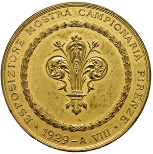 reverse: Medaglie Italiane – Regno d’Italia – Vittorio Emanuele III (1900-1945) - Ventennio Fascista – Firenze – Fiera Campionaria – Rara (R). Medaglia statica realizzata nel 1929 per ricordare l Esposizione Mostra Campionaria di Firenze. Al dritto VITTORIO EMANUELE III RE D ITALIA busto a sx con divisa militare sul taglio spalla: L. SALVADORI sotto: nodo d amore. Al rovescio ESPOSIZIONE MOSTRA CAMPIONARIA FIRENZE = * 1929 - A. VIII * entro corona di calici floreali: giglio di Firenze. Realizzata in bronzo dorato (AE) (Ø 54mm, 49,1g). Conservazione BB/SPL. Opus Luigi Salvadori. 