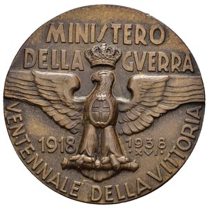 obverse: Medaglie Italiane – Regno d’Italia – Vittorio Emanuele III (1900-1945) - Ventennio Fascista – Ministero della Guerra – Ventennale della Vittoria. Medaglia statica emessa nel 1938 per ricordare la vittoria della Prima Guerra Mondiale. Al dritto nel campo, in alto: MINISTERO = DELLA _ GVERRA Aquila Savoia ad ali spiegate su fascio ai lati: 1918 _ 1938 = • XVI • sotto: VENTENNALE DELLA VITTORIA.  Al rovescio La Vittoria alata, in volo verso dx, guida l esercito. Opus Fontana. Realizzata in bronzo (AE) (Ø 40mm, 27,26g). Riferimenti Casolari XVI-30 Lorioli (70°) 397 Conservazione SPL.  