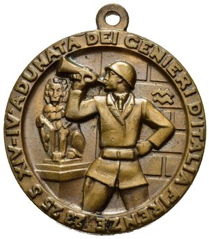 obverse: Medaglie Italiane – Regno d’Italia - Vittorio Emanuele III (1900-1945) - Ventennio Fascista – Regio Esercito - Genio. Medaglia portativa con appiccagnolo.  Al dritto ASSOCIAZIONE NAZIONALE ARMA GENIO aquila coronata ad ali spiegate su fascio entro nastro: TENACE INFATICABILE.  Al rovescio IV° ADUNATA DEI GENIERI D  ITALIA FIRENZE 23 25 5 XIV - militare elmato a sx suona tromba, sullo sfondo, a sx leone di Firenze. Riferimenti Casolari XIV-191. Conservazione SPL/FDC. Realizzata in bronzo (AE) (Ø 35.4mm, 21.5g).