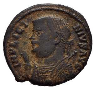 obverse: LICINIO I (308-324). Follis per Antiochia. AE (g 2,50). Busto laureato e drappeggiato a sinistra, con mappa, globo e scettro. R/ Giove stante a sinistra, regge Vittoria su globo e scettro; ai piedi, prigioniero legato inginocchiato a sinistra; S/SMANT. RIC 27. BB. nr.reg.593/24