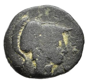 obverse: MACEDONIA. Demetrio I Poliorcete (306-283). AE, zecca incerta (g 2,35). Testa elmata di Atena a destra. R/ Prua di nave a destra; ascia bipenne davanti, monogramma sotto. SNG Alpha Bank 956; SNG Copenhagen 1185. qBB