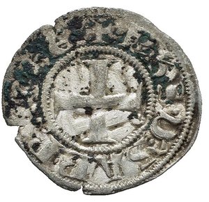 reverse: CROCIATE. Chiarenza. Filippo di Savoia (1301-1307). Denaro tornese. MI (g 0,69). Castello. R/ Croce. Metcalf 973-5. BB