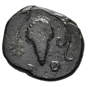 reverse: SOLOI. Bronzo. 400-350 a.C. AE (1,23 g). D/ testa elmata di Atena a destra; R/ grappolod uva, in mezzo a Σ-O. BB. nr.reg.595/24