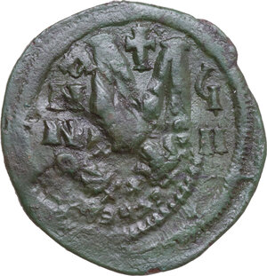 obverse: Maurice Tiberius (582-602).. AE Follis, Costantinople mint,. Dated RY 8 (589/90)