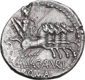 reverse: C. Aburius Geminus. AR Denarius, 134 BC