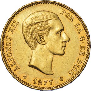 obverse: SPAGNA. ALFONSO XII, 1874-1885. 25 Pesetas 1877.