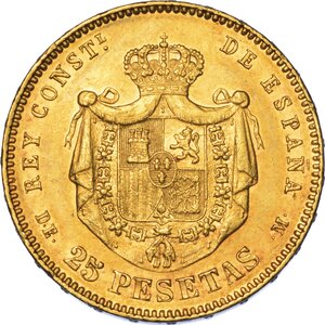 reverse: SPAGNA. ALFONSO XII, 1874-1885. 25 Pesetas 1877.