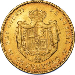 reverse: SPAGNA. ALFONSO XII, 1874-1885. 25 Pesetas 1880.