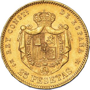 reverse: SPAGNA. ALFONSO XII, 1874-1885. 25 Pesetas 1881.