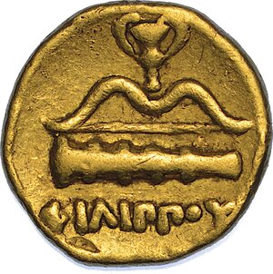 reverse: REGNO DI MACEDONIA. FILIPPO II, 359-336 a.C. Quarto di statere d oro. Mende.