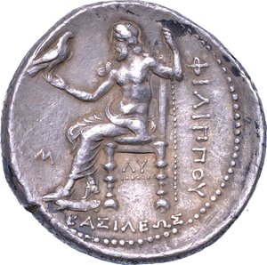 reverse: REGNO DI MACEDONIA. FILIPPO III ARRIDEO, 323-317 a.C. Tetradracma. Babilonia, coniata sotto Arconte, Dokimo o Seleuco.