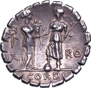 reverse: CORDIA - FUFIA. Q. Fufius Calenus e Mucius Cordus, anno 70 a.C. Denario serrato.