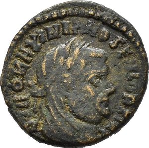 obverse: DIVO MASSIMIANO (Costantino I, 307-337). Roma. Nummus ridotto (2,07 g). D/ DIVO MAXIMIANO SEN FORT IMP testa laureata e velata a destra. R/ MEMORIAE AETERNAE aquila stante frontalmente con le ali spiegate, in esergo R T. RIC VII 110. BB. nr.reg. 589/24