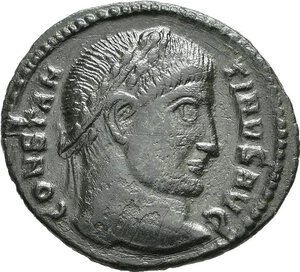 obverse: COSTANTINO I (307-337). Tessalonica. Nummus. 321-324. AE (2,38 g). D/ CONSTANTINVS AVG, testa laureata a destra; R/ D N CONSTANTINI MAX AVG, VOT/XX entro corona d alloro; in esergo TSЄVI. RIC VII 124. mBB. nr.reg.591/24