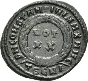 reverse: COSTANTINO I (307-337). Tessalonica. Nummus. 321-324. AE (2,38 g). D/ CONSTANTINVS AVG, testa laureata a destra; R/ D N CONSTANTINI MAX AVG, VOT/XX entro corona d alloro; in esergo TSЄVI. RIC VII 124. mBB. nr.reg.591/24