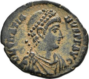 obverse: GRAZIANO (367-383). Antiochia. AE3. 378-383. AE (2,60 g). D/ D N GRATIANVS P F AVG, busto diademato, drappeggiato e corazzato a destra; R/ CONCORDIA AVGGG, Roma in trono, regge globo e lungo scettro; in esergo ANTA; RIC IX 46b. qSPL (RARO). nr.reg.592/24