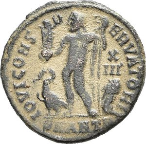 reverse: LICINIO I (308-324). Antiochia. Nummus. 321-323. AE (2,47 g). D/ IMP C VAL LICIN LICINIVS P F AVG, busto radiato, drappeggiato e corazzato a destra; R/ IOVI CONSERVATORI, Giove stante a sinistra, regge un globo niceforo e scettro; ai suoi piedi un aquila e un progioniero, nel campo a destra X-IIΓ; in esergo SMANTA. RIC VII 35. BB nr.reg.592/24