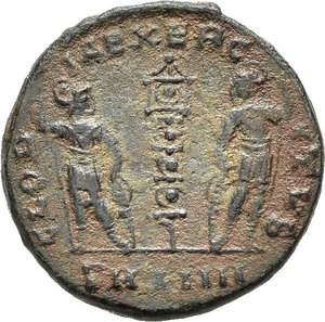 reverse: COSTANTE I, Cesare (324-337). Antiochia. Nummus. 335-337. AE (1,90 g). D/ FL IVL CONSTANS NOB C, busto laureato e corazzato a destra, con drappeggio sulla spalla; R/ GLORIA EXERCITVS, due soldati armati stanti con lancia e scudo, tra di loro un insegna; in esergo SMANH. RIC VII 111. mBB nr.reg.592/24